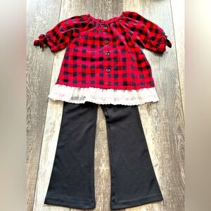 2-pc adorable girls 4/4T red & black buffalo plaid top & black bell-bottom pants